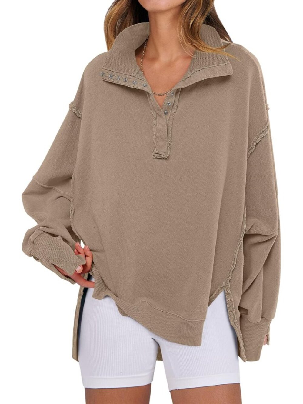 Khaki Oversized Henley Neck Sweatshirt - Luxurious Comfort for Every Occasion